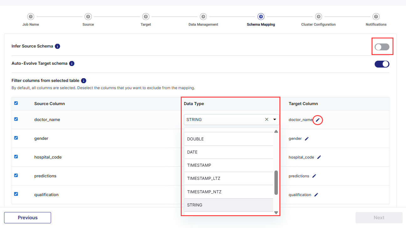 Filter options when Infer Source Schema is turned off